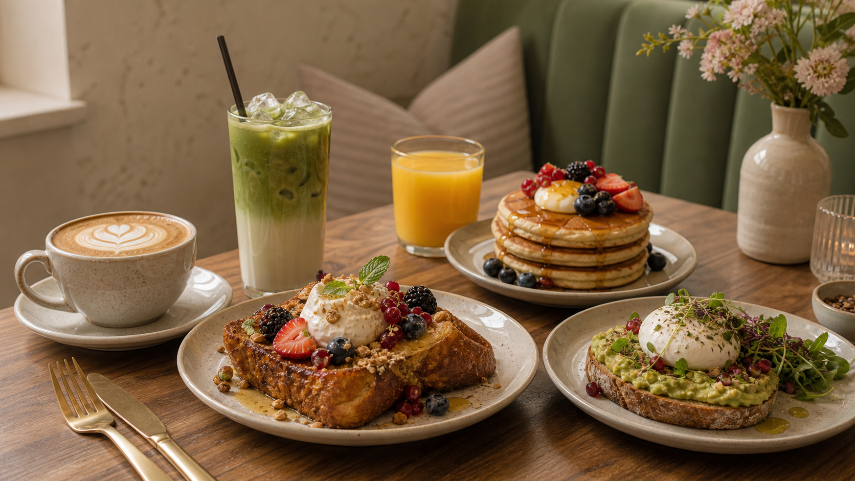 Brunch premium avec brioche, pancakes, avocado toast, café et matcha